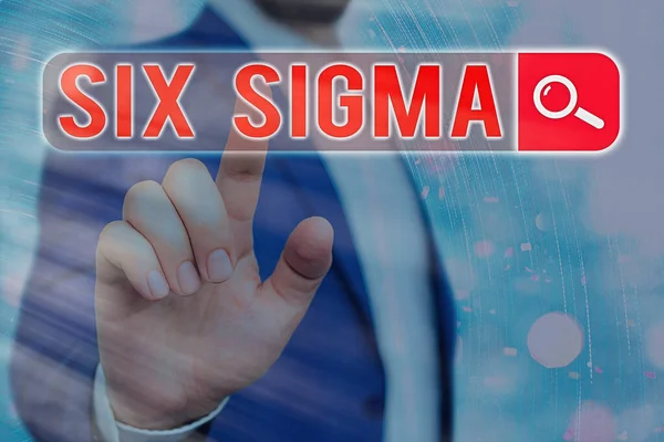 Signo de texto que muestra Six Sigma. Conjunto de fotos conceptuales de técnicas de gestión destinadas a mejorar el proceso de negocio . — Foto de Stock