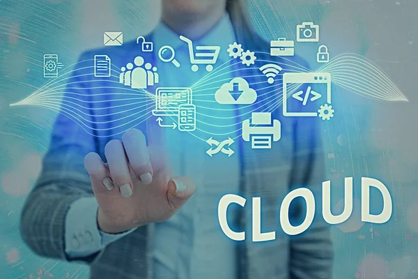Szövegírás Cloud. Üzleti koncepció mindenre, ami házigazda szolgáltatások interneten keresztül történő nyújtásával jár. — Stock Fotó