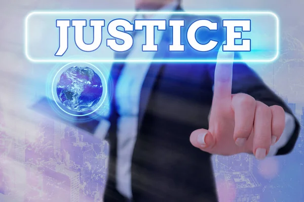 Writing note showing Justice. Business photo showcasing Quality of being just impartial or fair Administration of law rules Elements of this image furnished by NASA. — Stock Photo, Image