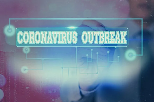 文字标牌显示考罗那韦病毒爆发。新发现的COVID19引起的概念光传染病. — 图库照片