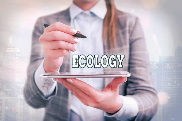 Signo de texto que muestra Ecología. Foto conceptual Rama de la ciencia relación organismos medio ambiente Estudio científico . — Foto de Stock