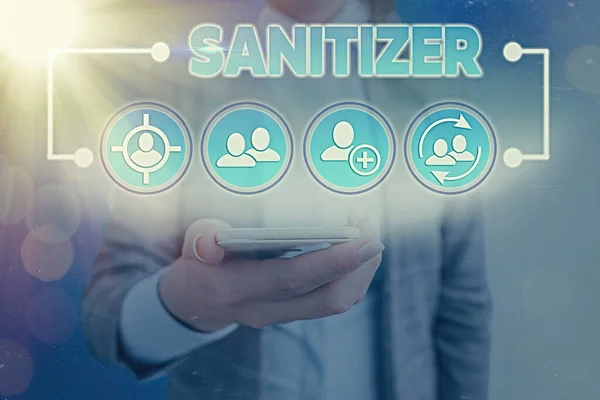 Text sign showing Sanitizer. Conceptual photo liquid or gel generally used to decrease infectious agents. — Stock Photo, Image