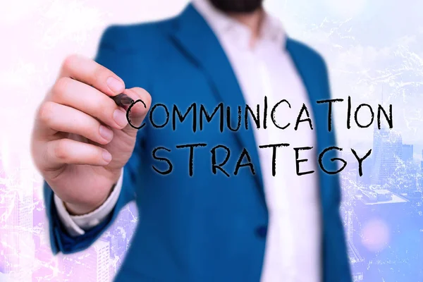 Testo calligrafico Strategia di comunicazione. Concetto significato Piani verbali non verbali o visivi di obiettivo e metodo . — Foto Stock