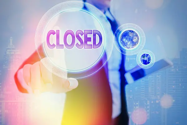 Writing note showing Closed. Business photo showcasing Finished and therefore not able to be discussed any more Not open Elements of this image furnished by NASA. — Stock Photo, Image