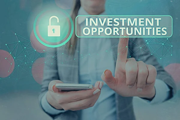 Writing note showing Investment Opportunities. Business photo showcasing a Purchase that has a chance to Gain Value. — Stock Photo, Image