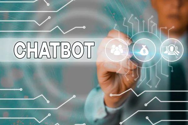 Написание текста Chatbot. Бизнес-концепция для своего рода компьютерной программы, имитирующей разговор . — стоковое фото