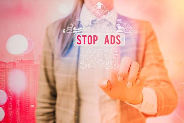 Writing note showing Stop Ads. Business photo showcasing program that will remove different kinds of advertising from Web. — Stock Photo, Image