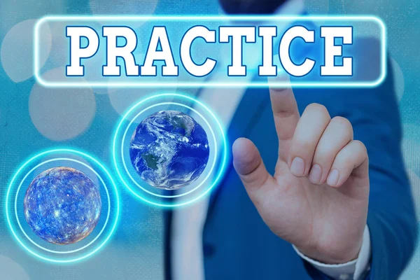 Text sign showing Practice. Conceptual photo the actual application or use of an idea belief or method Elements of this image furnished by NASA. — Stock Photo, Image