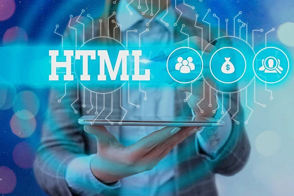 Signo de texto que muestra Html. Foto conceptual la lingua franca para publicar hipertexto en la World Wide Web . —  Fotos de Stock