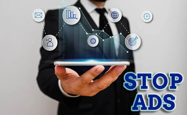 Szövegírási szöveg Stop Ads. Üzleti koncepció a program, amely eltávolítja a különböző típusú reklámok Web. — Stock Fotó