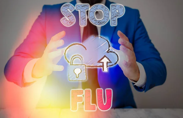 Escrita conceitual mostrando Stop Flu. Texto para fotos de negócios Tratar a doença respiratória contagiosa causada pelo vírus influenza . — Fotografia de Stock