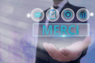 Kelime yazma metni Merci. Fransa 'da biri size yardım ettiğinde söylenen ya da tepki veren iş konsepti. Teşekkürler..