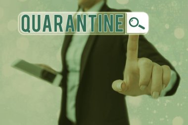 Karantina 'yı gösteren kavramsal el yazısı. Kişilerin faaliyetleri veya mal taşımacılığı üzerine iş fotoğrafı metni kısıtlaması.