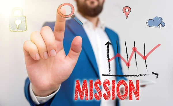 Textzeichen mit Mission. Konzeptfoto Unternehmensziel Wichtiger Auftrag Geschäftszweck und Fokus. — Stockfoto