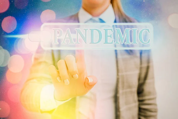 Texto para escrita de palavras Pandemia. Conceito de negócio para ocorrer em uma ampla área que afeta alta proporção da população . — Fotografia de Stock