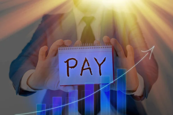 Sinal de texto mostrando Pay. Foto conceitual para dar dinheiro a alguém para algo que você quer comprar ou para serviços . — Fotografia de Stock