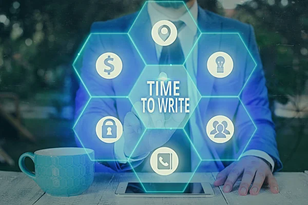 A Time To Write-t bemutató jegyzet. Üzleti fotó bemutatása rögzíteni valamit, vagy kifejezni egy ötletet papíron vagy könyvben. — Stock Fotó