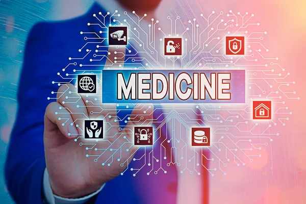 Orvosságot mutató SMS-jel. Fogalmi fotó A betegség kezelésére használt anyag vagy készítmény Tabletták. — Stock Fotó