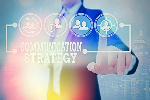 Conceptual hand writing showing Communication Strategy. Business photo text Verbal Nonverbal or Visual Plans of Goal and Method. — Stock Photo, Image