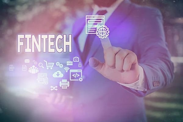 Texto de escritura de palabras Fintech. Concepto de negocio para programas informáticos y otras tecnologías de apoyo a los servicios financieros . — Foto de Stock