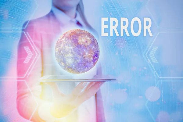 Word writing text Error. Business concept for mistake Condition of being wrong in conduct judgement didnt mean it Elements of this image furnished by NASA. — Stock Photo, Image