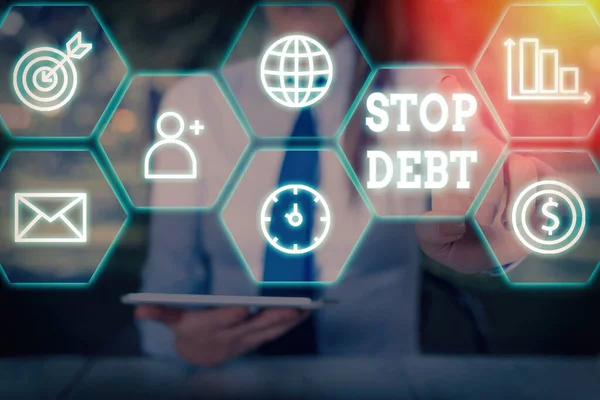 Texto de escritura a mano Stop Debt. Concepto que significa no poseer dinero o cosas a ningún individuo o empresa . —  Fotos de Stock
