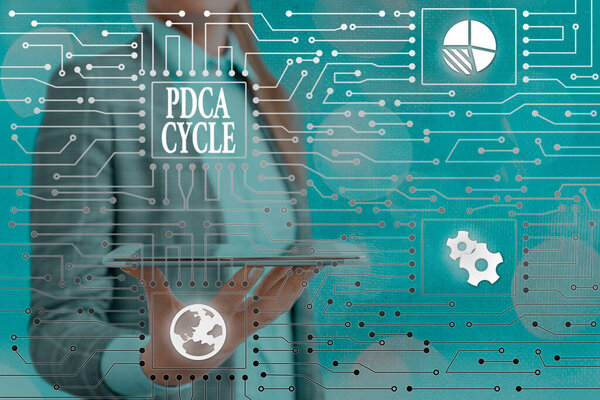 Conceptual hand writing showing Pdca Cycle. Business photo showcasing use to control and continue improve the processes and products.