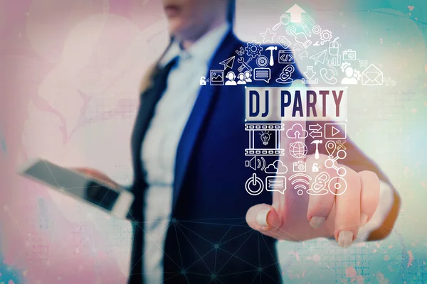 Conceptual hand writing showing Dj Party. Business photo text demonstrating who introduces and plays recorded popular music on radio. — Stock Photo, Image