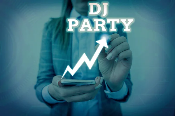 Conceptual hand writing showing Dj Party. Business photo showcasing demonstrating who introduces and plays recorded popular music on radio. — Stock Photo, Image