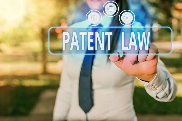 Ecriture conceptuelle montrant le droit des brevets. La présentation d'une photo d'entreprise traite avec un inventeur est le droit exclusif d'utiliser sa propre invention . — Photo
