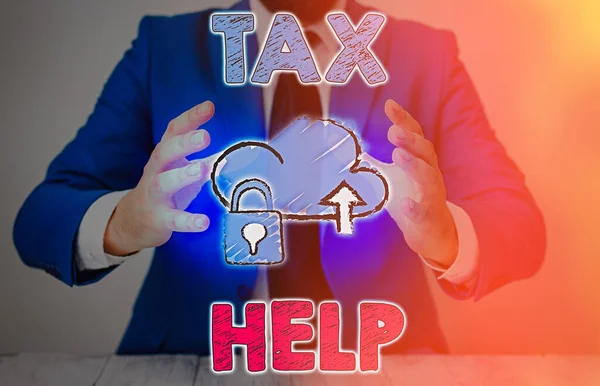Conceptual hand writing showing Tax Help. Business photo text Assistance from the compulsory contribution to the state revenue. — Stock Photo, Image