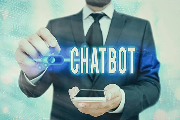 Parola che scrive testo Chatbot. Business concept per una sorta di programma per computer che simula la conversazione . — Foto Stock