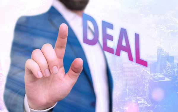 Text sign showing Deal. Conceptual photo Take part in commercial trading of a certain product Be concerned with. — Stock Photo, Image