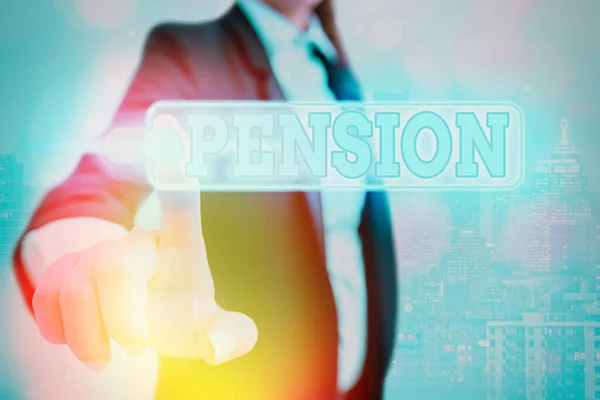 Scrittura concettuale mano mostrando Pension. Business photo showcase Reddito anziani guadagnano dopo il pensionamento Risparmia per gli anni anziani . — Foto Stock