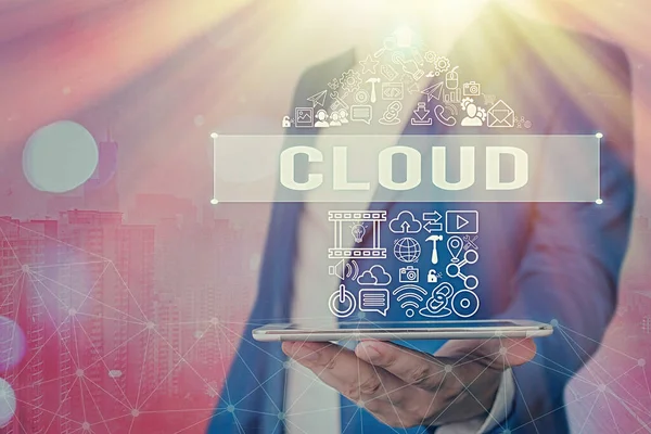 Signo de texto que muestra Cloud. Foto conceptual cualquier cosa que implique la prestación de servicios alojados a través de Internet . — Foto de Stock