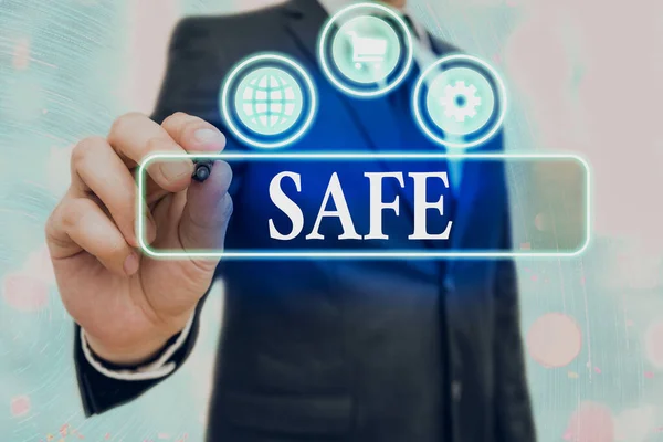 Writing note showing Safe. Business photo showcasing protected from or not exposed to danger or risk Not likely to be harmed. — Stockfoto