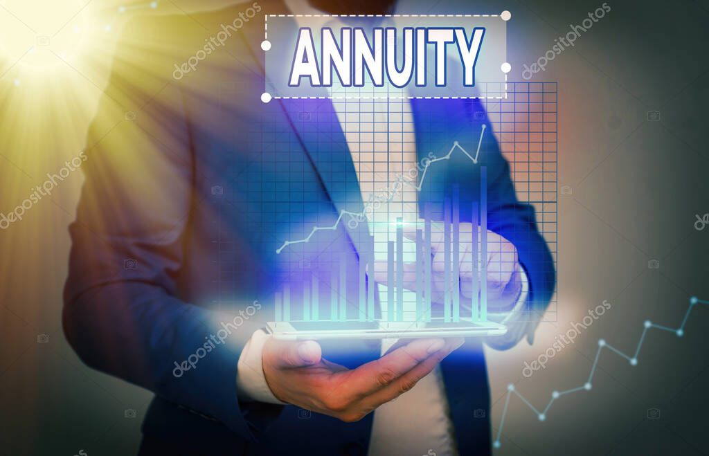 Conceptual hand writing showing Annuity. Concept meaning fixed sum of money paid to someone each year Series of payments