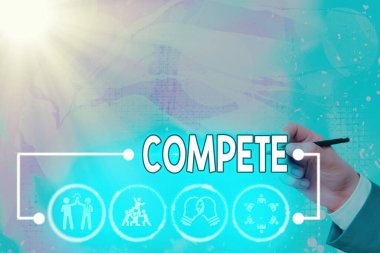 Kelime yazma metni Compete. Bir şeyi yenerek ya da diğerlerine karşı üstünlük kurarak kazanma konsepti.