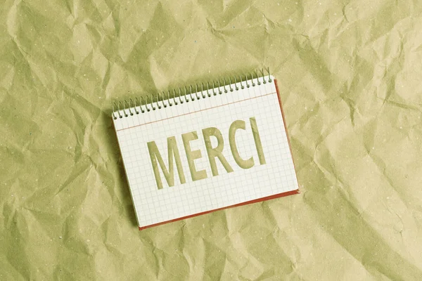 メルシーを示す概念的な手書き文字。誰かがフランスであなたを助けるときに言われたことや応答を紹介するビジネス写真ありがとうペーパークラフトデスクスクエアスパイラルノートブックオフィス研究用品. — ストック写真