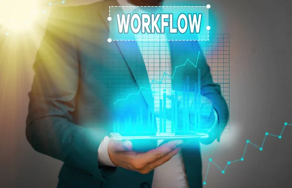 Conceptueel handschrift met Workflow. Zakelijke fototekst Reeks activiteiten of procedures die nodig zijn om een taak te voltooien. — Stockfoto