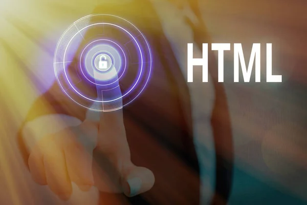 Schreibnotiz mit Html. Business-Foto mit der Lingua franca für die Veröffentlichung von Hypertext im World Wide Web. — Stockfoto