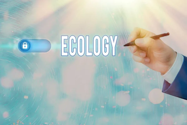 Tekstbord met Ecologie. Conceptuele foto Tak van de wetenschap relatie organismen milieu Wetenschappelijk onderzoek. — Stockfoto