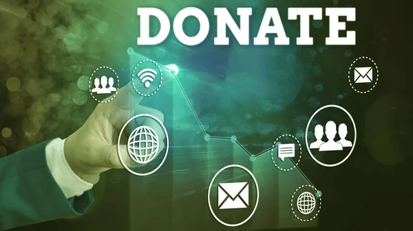 Piszę notatkę z "Donate". Pokazywanie zdjęć biznesowych dać pieniądze lub towary na dobry cel, na przykład na cele charytatywne lub pokazując. — Zdjęcie stockowe