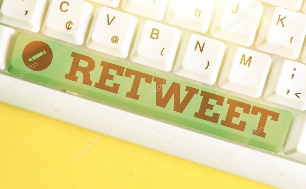 Word writing text Retweet. Business concept for in twitter repost or forward a message posted by another user.