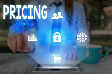 Metin işareti fiyatlandırmayı gösteriyor. Yöntem şirketlerinin ürünlerini veya hizmetlerini fiyatlandırmak için kullandıkları kavramsal fotoğraf.