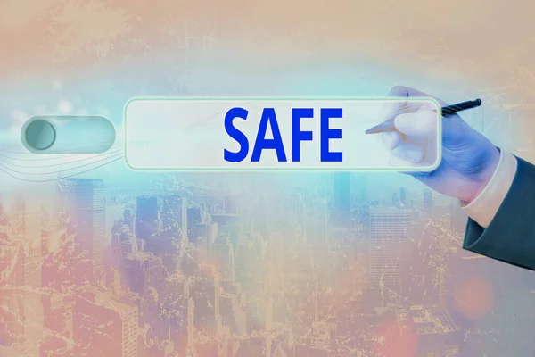 Text sign showing Safe. Conceptual photo protected from or not exposed to danger or risk Not likely to be harmed. — Stockfoto