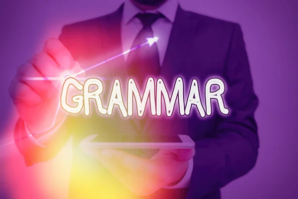 Tulisan tangan konseptual menunjukkan Grammar. Teks foto bisnis Seluruh sistem dan struktur bahasa atau bahasa secara umum. — Stok Foto