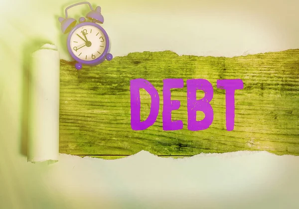 Znak tekstowy pokazujący dług. Zdjęcie koncepcyjne suma pieniędzy, które organizacja lub demonstracja jest winna komuś lub bankowi. — Zdjęcie stockowe