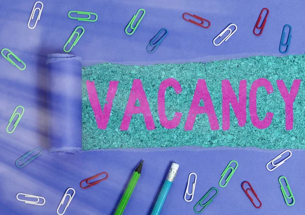 Text sign showing Vacancy. Conceptual photo available paid place in small or big company State of being vacant.