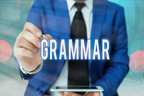 Tekst schrijven Grammatica. Bedrijfsconcept voor het hele systeem en de structuur van een taal of van talen in het algemeen. — Stockfoto